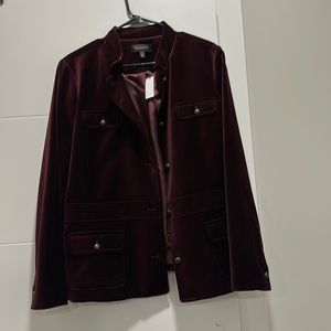 Velveteen military jacket. NWT. Size 16.  Burgundy. Fully lined. Pockets.